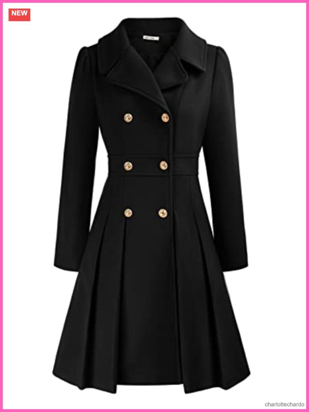 Women's Notch Lapel Double Breasted A-Line Trench Pea Coat with Pockets